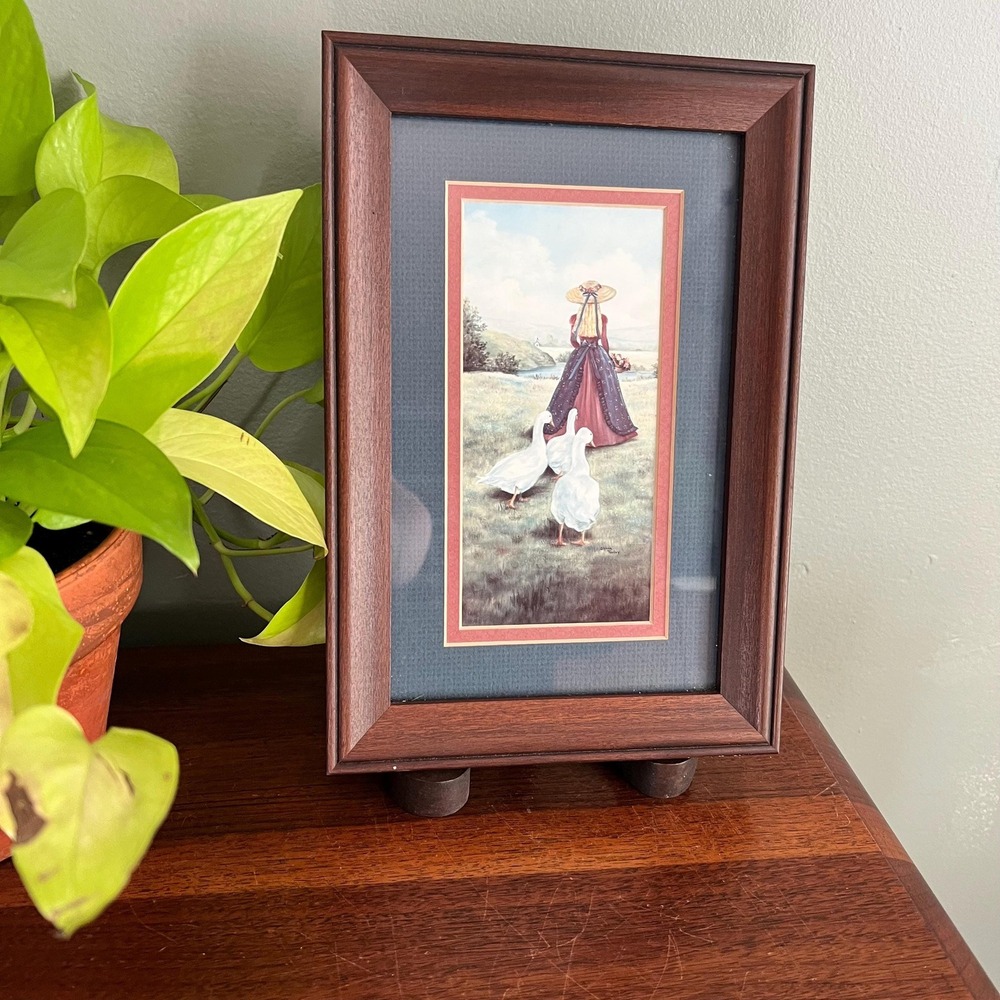 Vintage Cottage Wall Art Framed Print Woman With Geese English Country Decor
